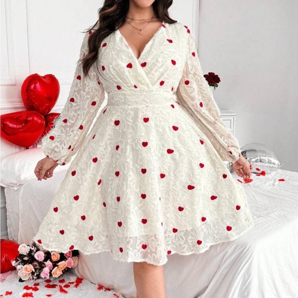 Plus Size Sheer Back Heart Print Embroidered Long Ruffle Sleeve Dress